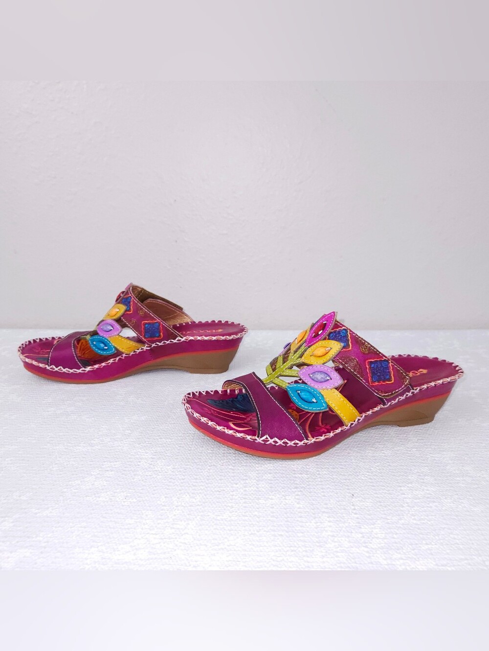 New! SOCOFY Wedge Sandals Floral Beaded Leather Slide Boho EU 39